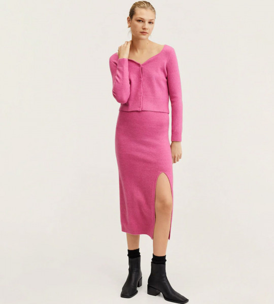 Women Pink Ribbed Slit Knitted Pencil Skirt