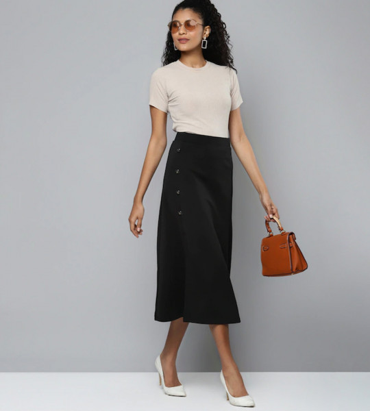 Women Black Scuba Front Slit Flared Midi Skirt