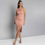 Women Peach-Coloured One-Shoulder A-Line Midi Dress With Slit