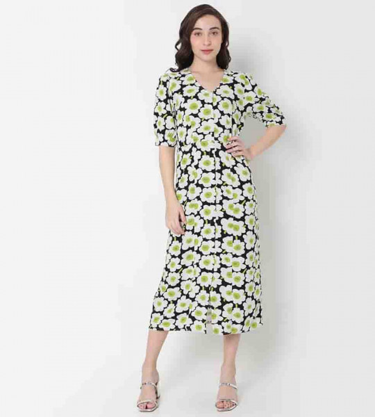 Women Printed V Neck Maxi Dress 1