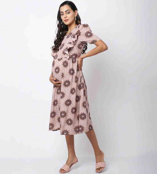 Coral Ethnic Motifs Maternity Empire Midi Dress